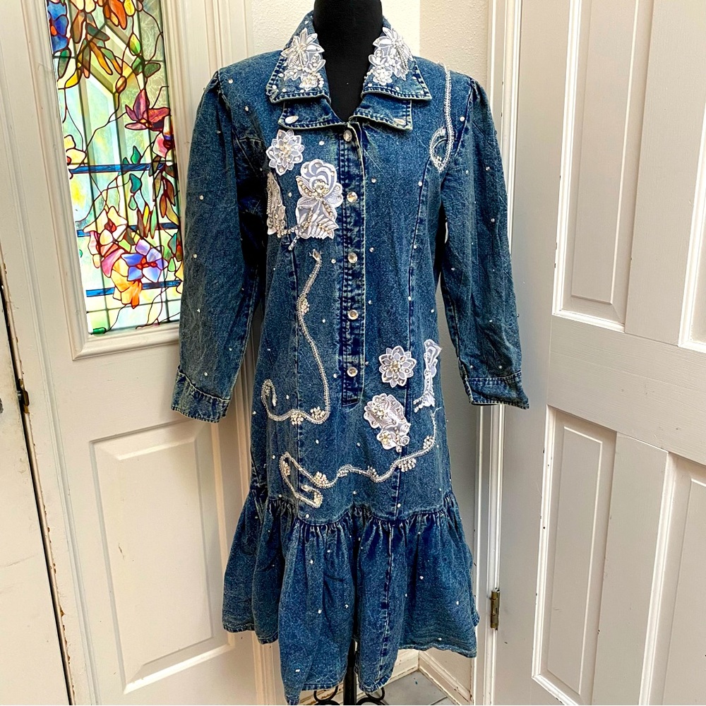 Vintage Acid Washed Denim Boho Lace and Sequins Embellished Dress